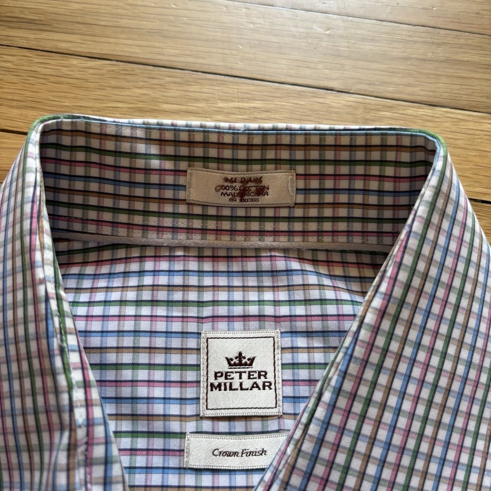 Peter Millar Long Sleeve Dress Shirt Men's M Plaid 100% Cotton Multicolor Cream - Picture 6 of 11